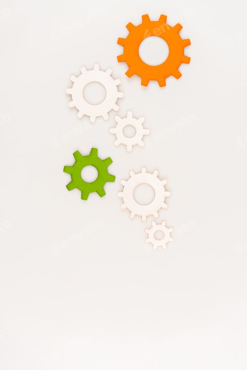 Preview: top view of colorful gears isolated on white
