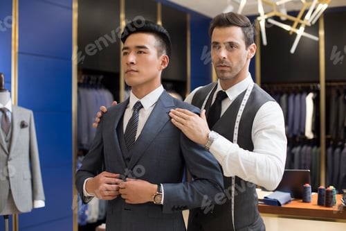 Preview: Chinese fashion designer examining suit on customer