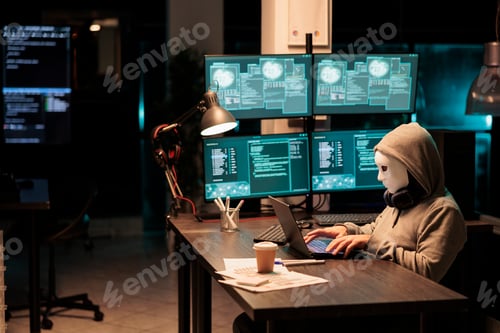 Preview: Scammer with mask and hood hacking security server