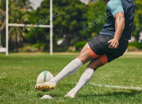 Preview: Rugby, sports man or kickball in game, practice workout or training match on stadium field outdoors