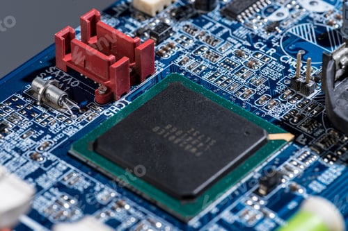 Preview: selective focus of computer motherboard chip and other details