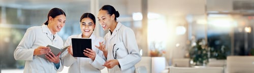 Preview: Scientist, teamwork and tablet for planning research, medical feedback and results or internship gr