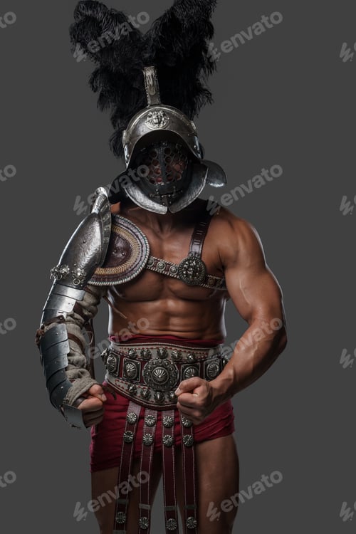 Preview: Strong roman gladiator dressed in light armor and plumed helmet