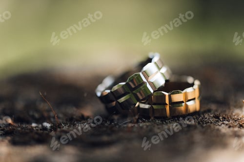 Preview: Wedding rings on a bed of earth, symbolizing commitment and everlasting love.