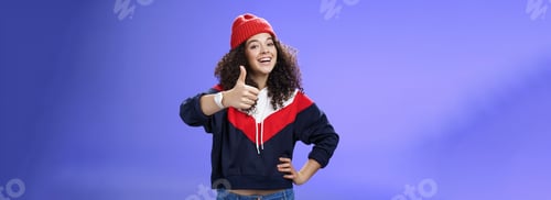 Preview: Nice work, keep up. Delighted and supportive charming sportswoman in winter beanie, sweatshirt and