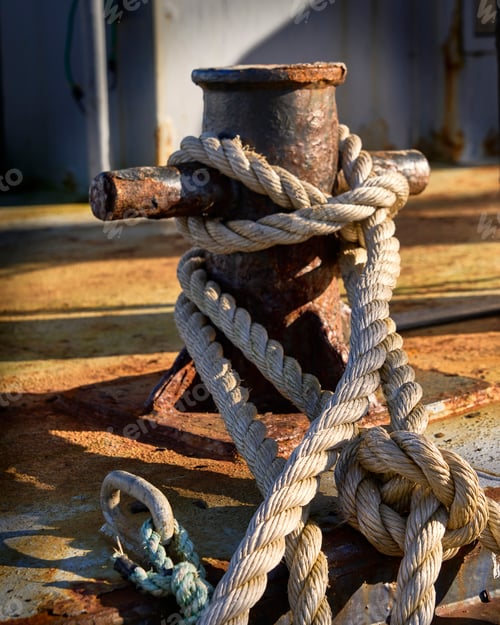 Preview: A rusty old cleat on a vessel with a line tied to it at a marina.