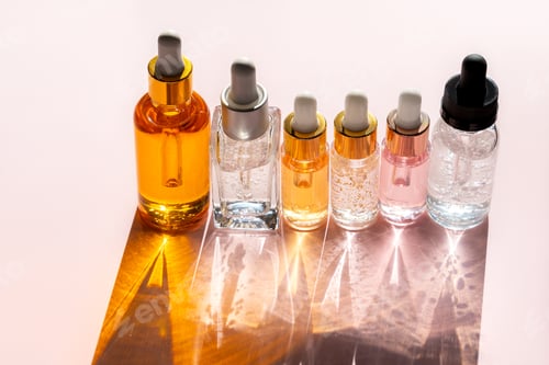 Preview: Different glass bottles of beauty serum or oil or lotion products with shadows on pink background.