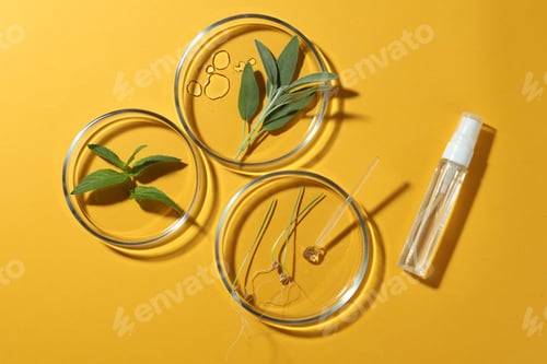 Preview: Flat lay composition with Petri dishes and plants on yellow background