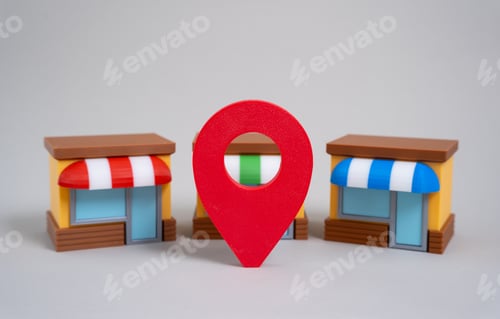 Preview: Competing stores and geolocation sign. High human traffic commercial locations. Advertising