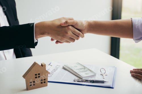 Preview: Home sales agents and buyers work on signing new homes and shaking hands.