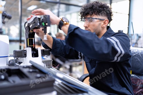 Aperçu: Engineer sitting in robot fabrication room quality checking robot arm hardware engineering
