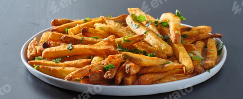 Preview: plate of crispy seasoned french fries with parsley garnish