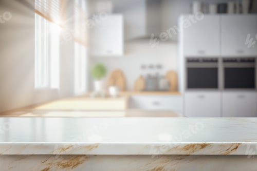 Preview: Wood table top on blurred kitchen background. can be used mock up for montage products display