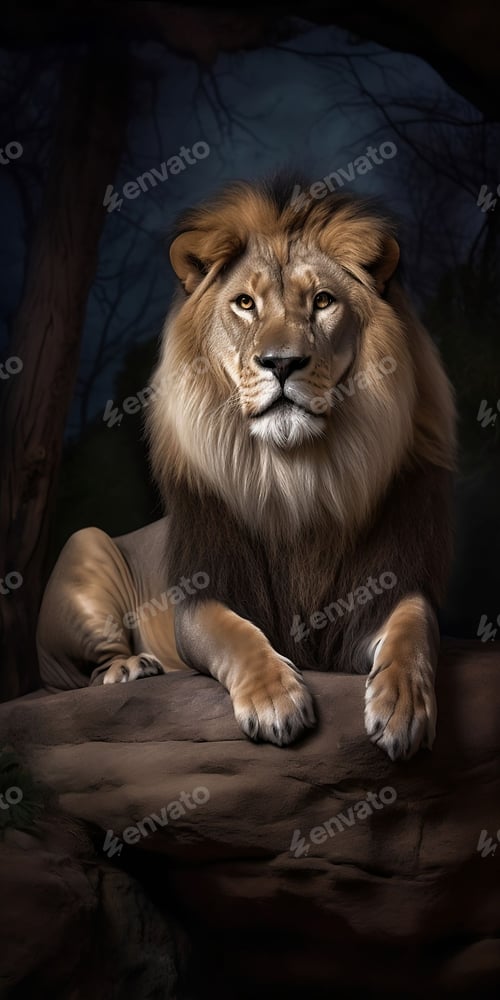 Preview: a lion is laying down on a rock under a forest