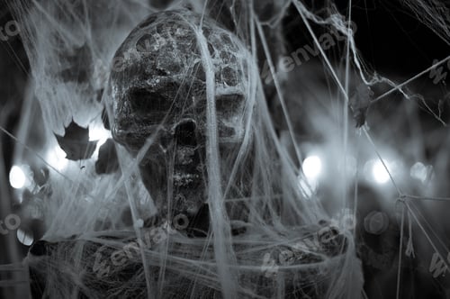 Preview: Skeleton decoration for Halloween wrapped in spider web and tissue