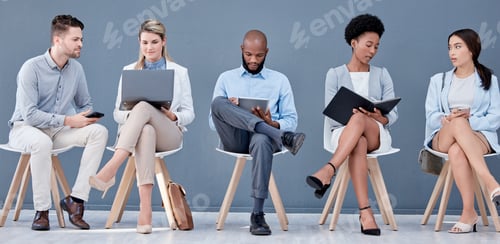 Preview: Technology, recruitment and a group of business people waiting in line for their meeting with human