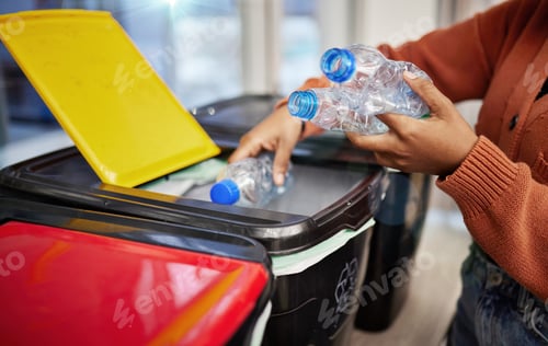 Preview: Plastic, recycle and woman with bottle in bin to separate for eco friendly, reuse and renewable mat
