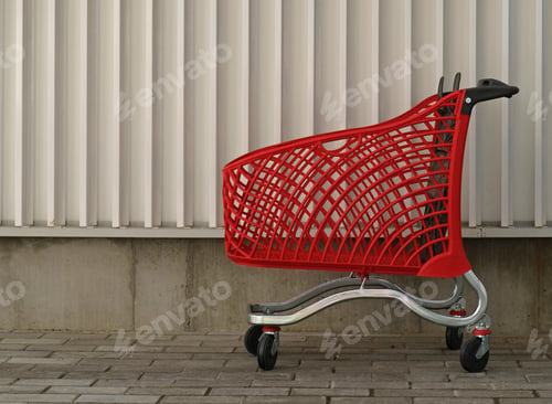 Preview: Empty red shopping on industrial wall background. Shop trolley at supermarket. Sale, discount, shopa
