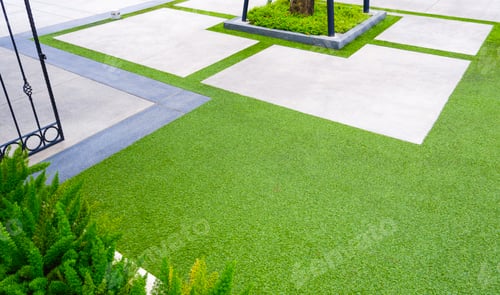 Preview: artificial Turf with Gravel stone pavement decoration and green plant in entrance area