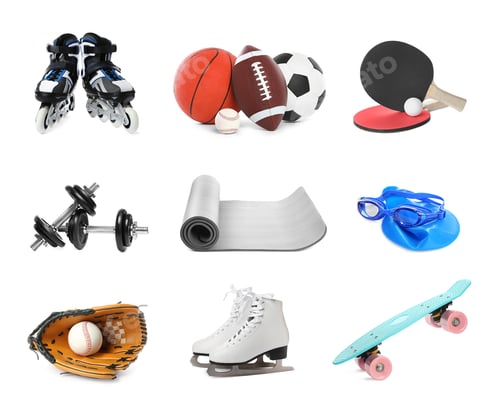 Preview: Set with different sports equipment on white background. Active lifestyle