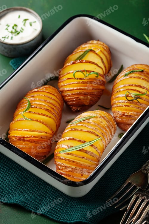 Preview: baked hasselback potato with cheddar cheese and rosemary