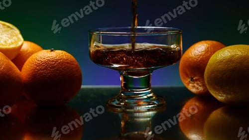 Preview: Whisky is poured into the glass on a colorful wall background. Stock clip. Oranges lying on a table