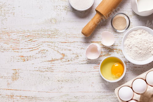 Preview: Ingredients for baking - flour, eggs, salt, sugar, milk.