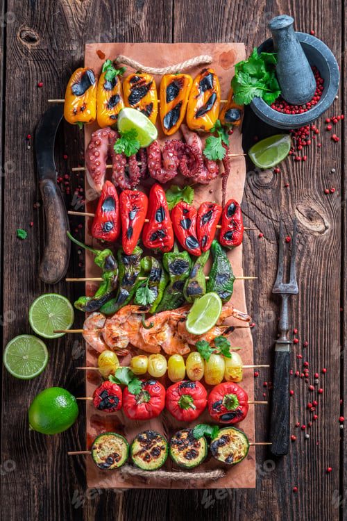 Preview: Healthy grilled skewer made of colorful and summer ingredients.