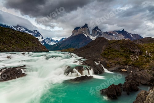 Preview: Beautiful landscape with mountains and river. National Park Torres del Paine, Chile.