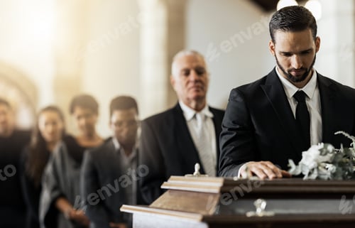 Preview: People, sad and funeral coffin, death and grief in church during ceremony or service, depression or