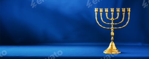 Preview: Golden hanukkah menorah on blue background. Jewish holiday banner with copy space. Ancient ritual