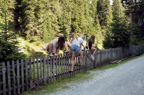 Preview: Girl and adult female friends climbing fence in forest