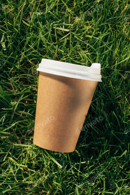 Preview: top view of disposable cup of coffee on green grass