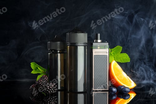 Preview: Vape and smoking liquid with fruit against black background with smoke
