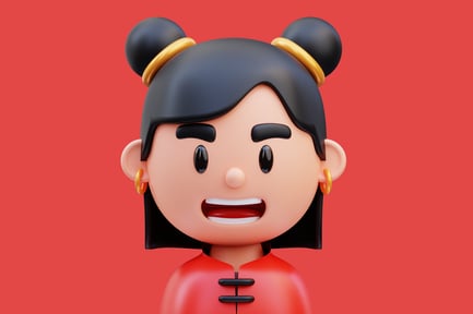 Preview: A woman in a red top with black hair.