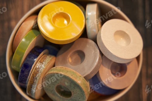Preview: Set of round colorful glazed ceramic candle-holders
