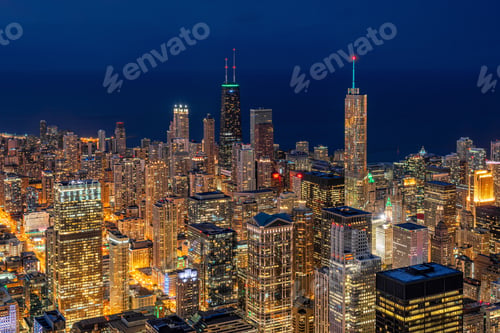 Preview: Aerial view of Chicago cityscape skyscraper under the blue sky at beautiful twilight time in Chicago