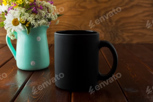 Preview: Black coffee mug rustic mockup with wildflowers in mint green va