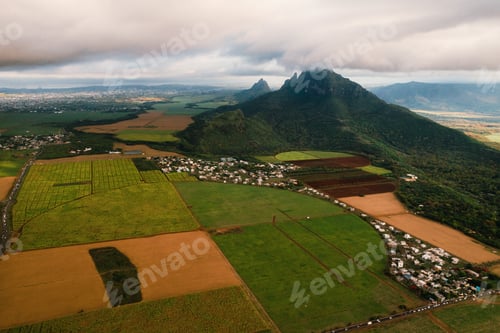 Preview: Bird's eye view of beautiful fields Islands of Mauritius and mountains