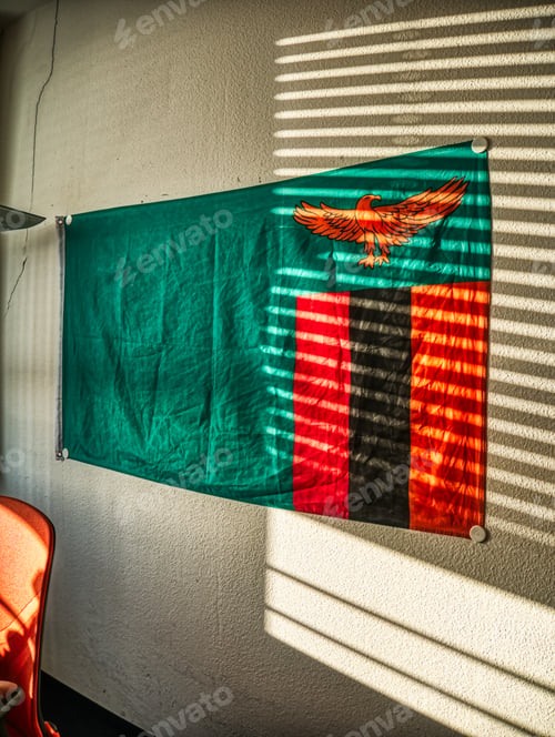 Preview: Vertical shot of the flag of Zambia hanging on the wall