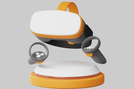 Preview: Virtual reality headset and controllers on a circular base