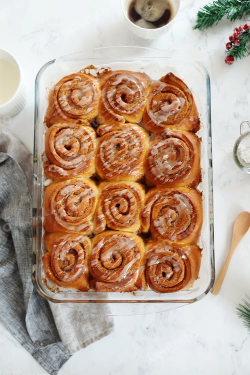 Freshly Baked Cinnamon Rolls in a Glass Dish