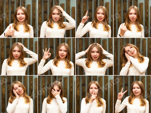 Preview: Different emotions teen girl 13 year old in casual white clothes gesturing with hands