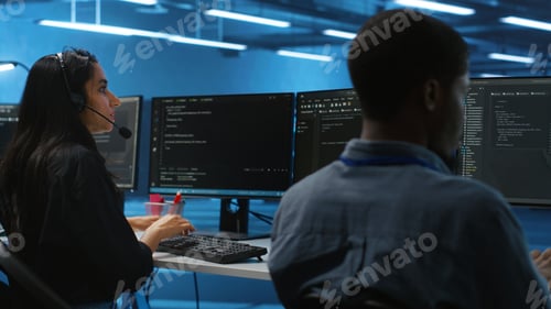 Preview: IT support worker in remote call using headset microphone in data center