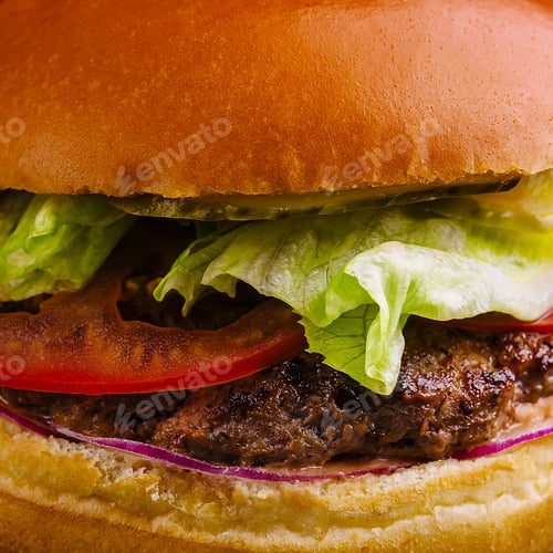 Preview: Burger with beef cutlet and fresh vegetables