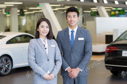 Preview: Confident salespeople standing with new cars in showroom