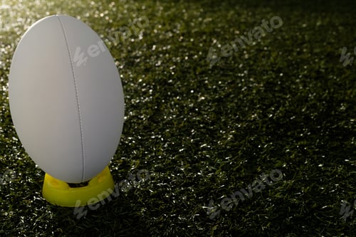 Preview: White rugby ball in yellow stand over grass with copy space, in slow motion