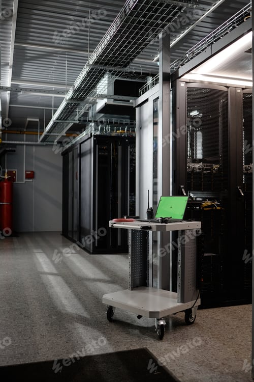 Preview: Mobile Workstation with Laptop and Radio Standing in Modern Server Room