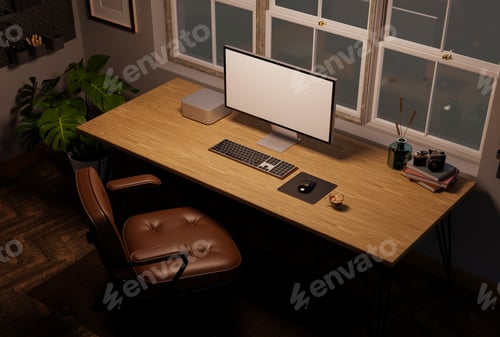 Preview: Minimal vintage home workspace at night with computer mockup on wood table. top view