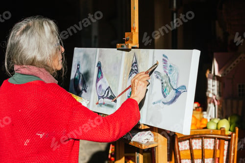Preview: Senior woman painting on canvas in garden